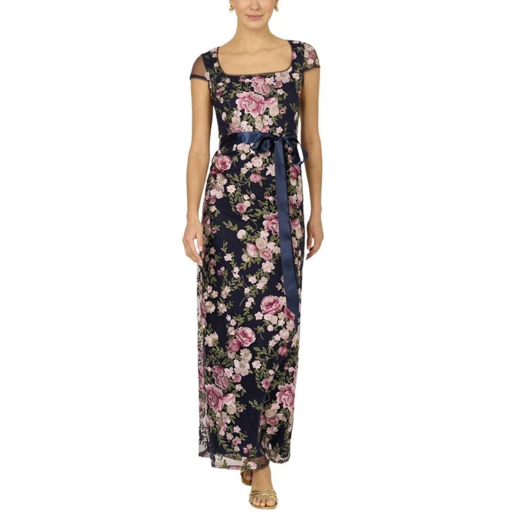 Adrianna Papell Womens Embroidered Floral Cap Sleeve Column Gown 14 Navy Blush
